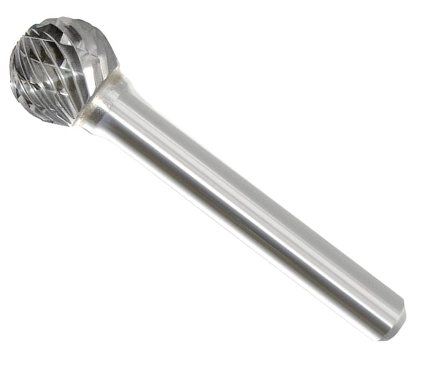 A three-quarter angle studio shot of the Monster Tool SD-1 1/4-inch ball-shaped carbide burr.