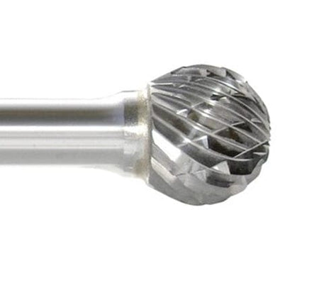 A close-up macro shot of the double-cut (cross-cut) flutes on the 1/4-inch ball-shaped head of the Monster Tool SD-1 burr.