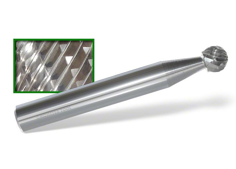A studio shot of the Monster Tool SD-1 carbide burr, with a magnified inset showing a close-up of the double-cut flutes.