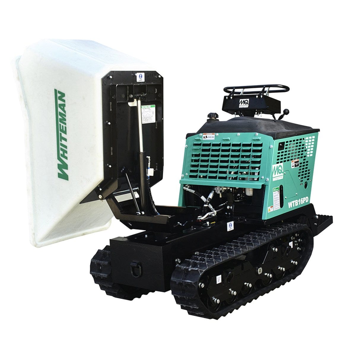  Multiquip Whiteman WTB16PD, which is a tracked power buggy used for transporting materials on construction sites. It has a green engine area with black tracks and a large, white bucket attached to the front.