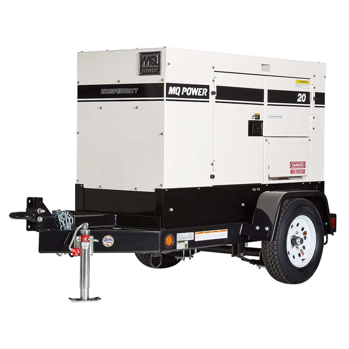 Product studio shot of the Multiquip MQ Power DCA20SPXU4F 20kW mobile generator on a clean white background, showcasing its weatherproof white and black sound-attenuated enclosure with standard Whisperwatt badging, a trailer-mounted chassis configuration featuring a single axle with heavy-duty highway tires, integrated steel safety tow chains, an adjustable front leveling jack stand, and clear warning label indicators for site power deployment.