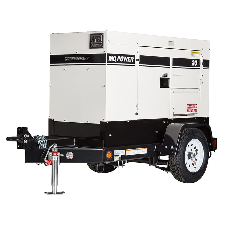Product studio shot of the Multiquip MQ Power DCA20SPXU4F 20kW mobile generator on a clean white background, showcasing its weatherproof white and black sound-attenuated enclosure with standard Whisperwatt badging, a trailer-mounted chassis configuration featuring a single axle with heavy-duty highway tires, integrated steel safety tow chains, an adjustable front leveling jack stand, and clear warning label indicators for site power deployment.