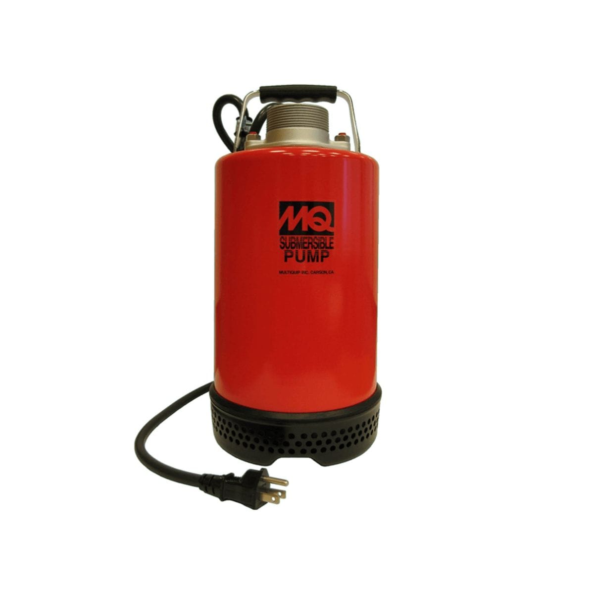Front Image of MultiQuip 2" Electric Submersible Centrifugal Pump Red. 
This is an eye-level, full-shot of a bright red cylindrical submersible pump, standing upright against a plain white background. The pump has a black base with circular vents, a black handle on top, and a black electrical cord with a three-pronged plug extending from its side.