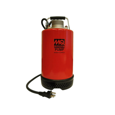Front Image of MultiQuip 2" Electric Submersible Centrifugal Pump Red. 
This is an eye-level, full-shot of a bright red cylindrical submersible pump, standing upright against a plain white background. The pump has a black base with circular vents, a black handle on top, and a black electrical cord with a three-pronged plug extending from its side.