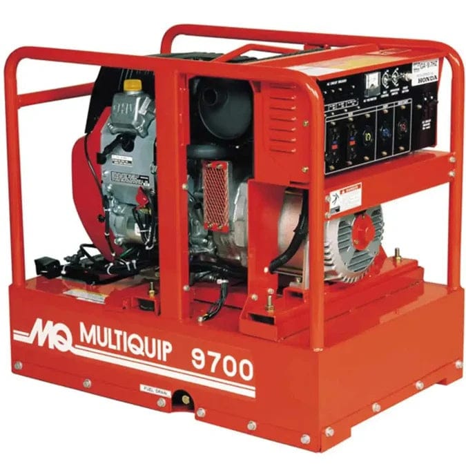 Rear angled view of the MultiQuip GA97HEA generator highlighting the large 10-gallon fuel tank, Honda GX630 engine, and electric start battery location.