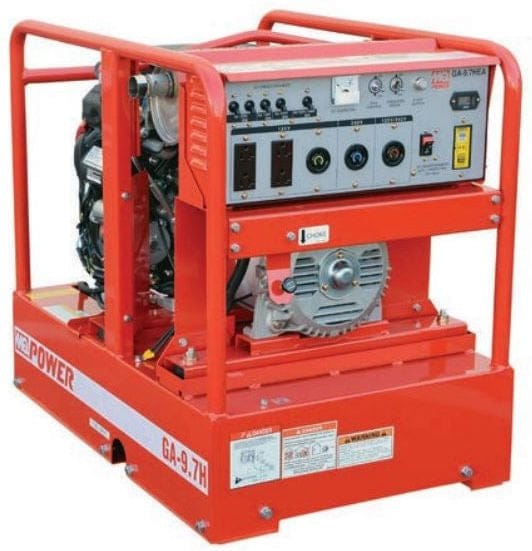 Angled studio view of the MultiQuip portable generator featuring a red heavy-duty steel roll cage, comprehensive control panel with outlets, and Honda engine.