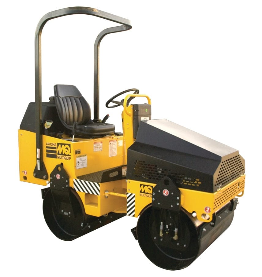 Multiquip AR-13 yellow and black ride-on tandem drum roller with front and rear compaction drums, operator seat, steering wheel, and roll-over protection structure, designed for asphalt and soil compaction on construction sites.