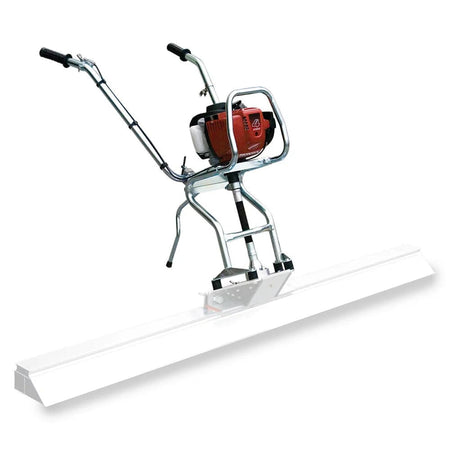A complete MultiQuip DuoScreed DSGPULW concrete vibratory system featuring the Honda GX35 4-stroke engine power unit mounted onto a long, lightweight aluminum screed blade for professional floor finishing.