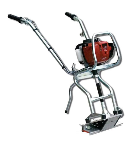 A close-up product view of the MultiQuip DuoScreed DSGPULW power unit, highlighting the ergonomic adjustable operator handles, fingertip throttle control, and the Honda GX35 gasoline engine assembly.
