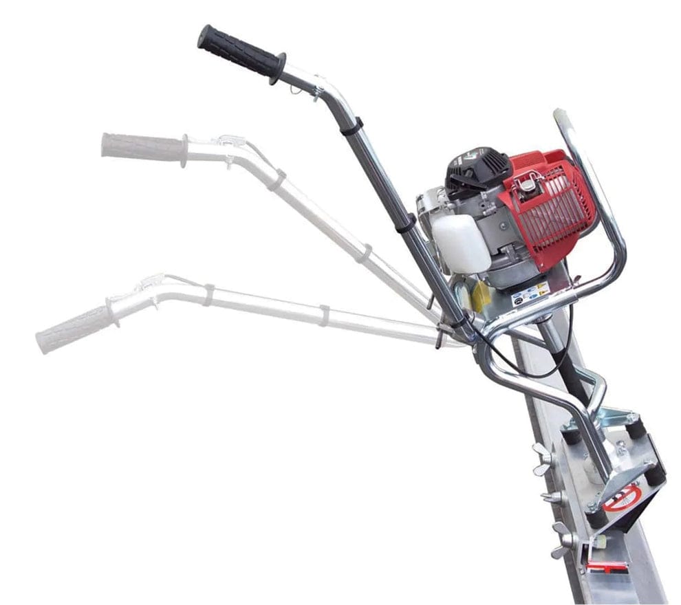 A technical demonstration image showing the adjustable handle range of the MultiQuip DuoScreed, illustrating how the power unit can be positioned at different heights to switch between wet screeding and form-to-form applications.
