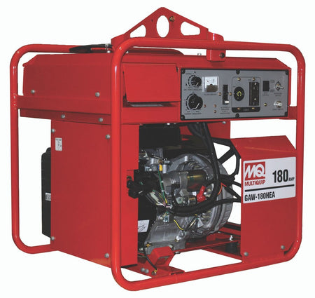 Angled studio view of the MultiQuip welder generator featuring a heavy-duty red roll cage with lifting bale, Honda GX340 engine, and side branding plate.