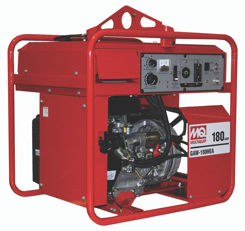 Angled studio view of the MultiQuip welder generator featuring a heavy-duty red roll cage with lifting bale, Honda GX340 engine, and side branding plate.