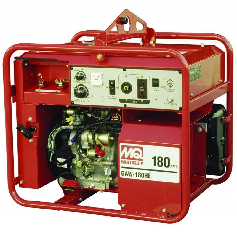 Front angled view of the welder generator highlighting the welding output terminals, arc force control dial, AC voltage meter, and 120V duplex outlet on the control panel.