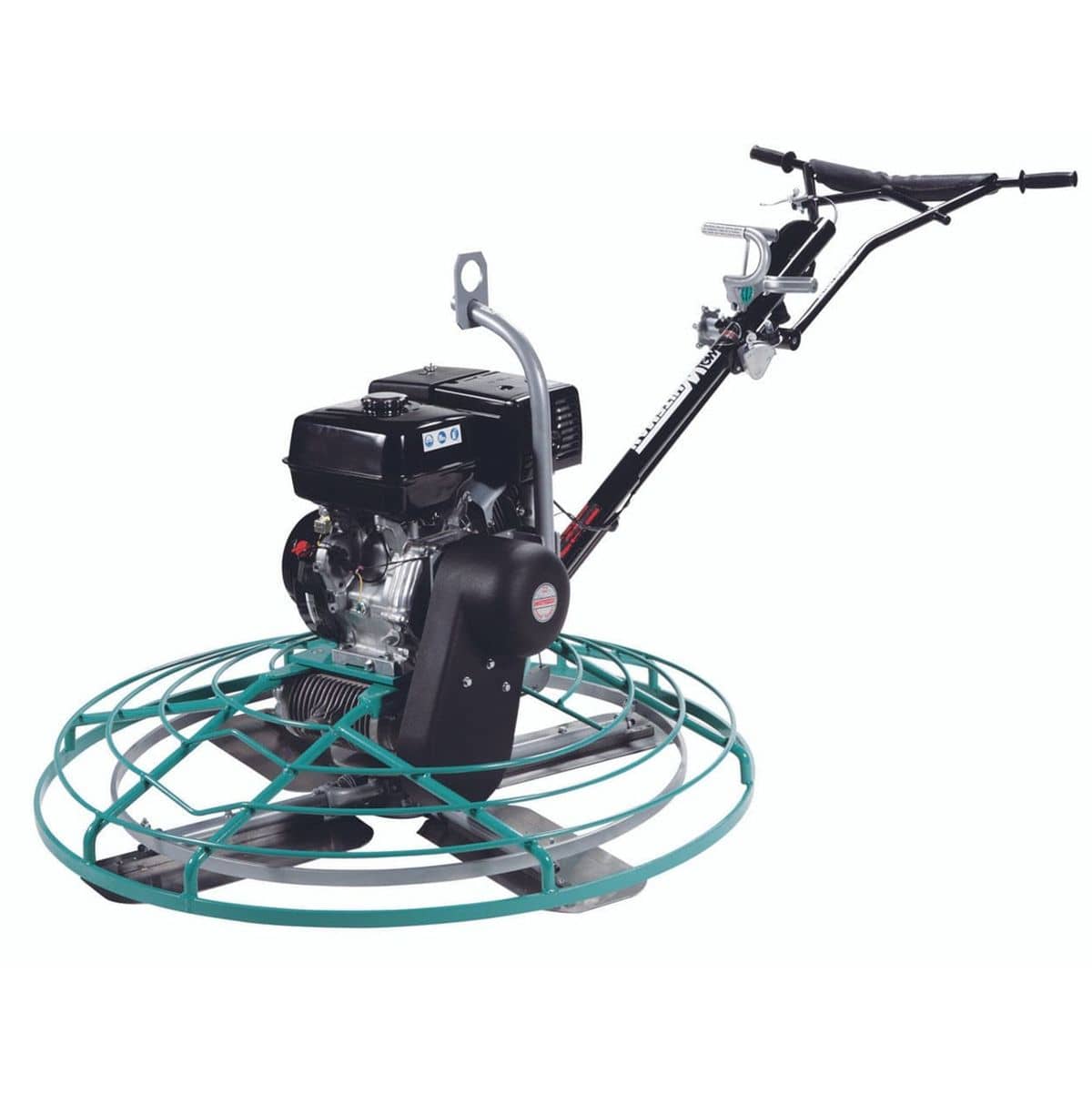  Multiquip HDA48413H concrete trowel, used to smooth and finish concrete surfaces. It has a rotating set of blades enclosed by a circular guard and is powered by a black Honda engine, with a handle extending upwards for the operator to control the machine.