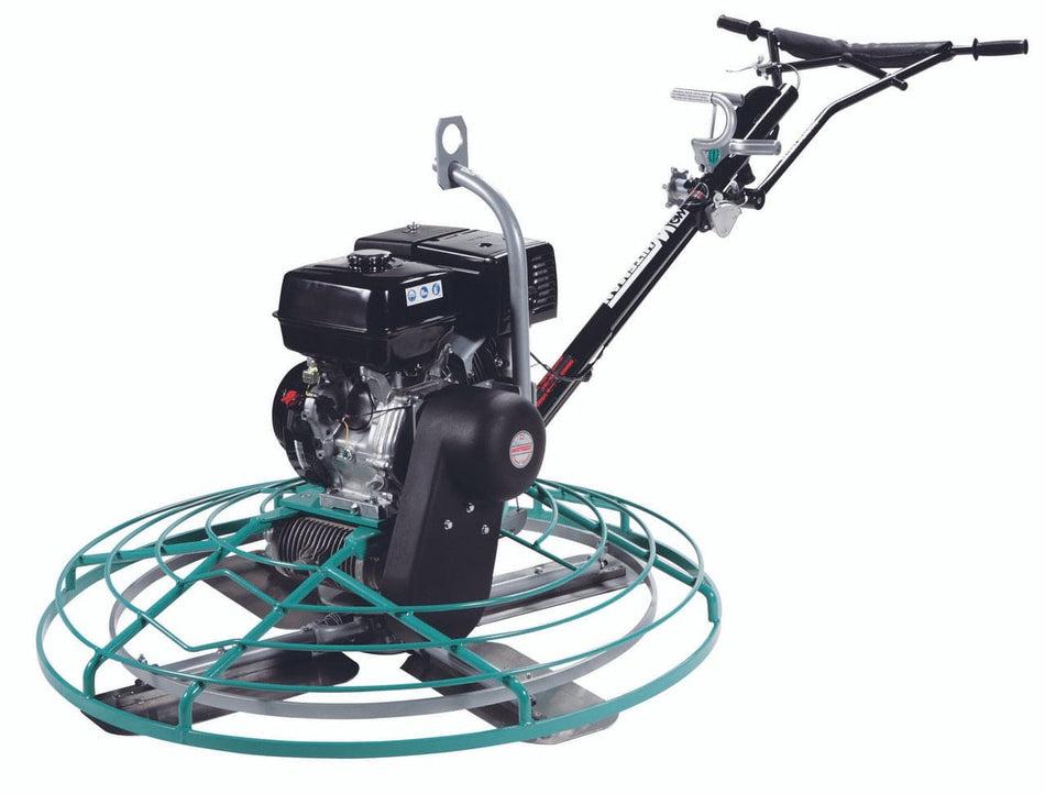  Multiquip HDA48413H concrete trowel, used to smooth and finish concrete surfaces. It has a rotating set of blades enclosed by a circular guard and is powered by a black Honda engine, with a handle extending upwards for the operator to control the machine.