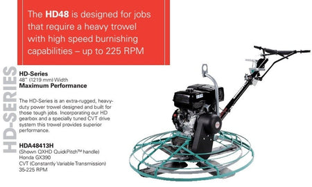 Promotional image of the MultiQuip HD48 power trowel with Honda GX390 engine and Quick Pitch handle, highlighting its 48-inch width and 225 RPM burnishing capability.