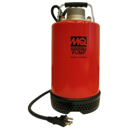 MultiQuip ST2047 2-inch submersible pump showing its top discharge port, carry handle, and bottom suction strainer.