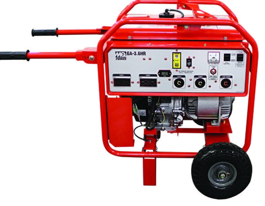 MQ Power GA-3.6HR red portable generator with control panel, single wheel, and labeled outlets for jobsite power supply.