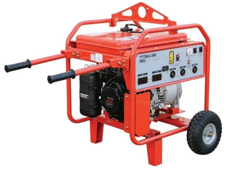 Multiquip GA36HR portable generator with Honda GX engine, red fuel tank, control panel, and dual-wheel transport frame.