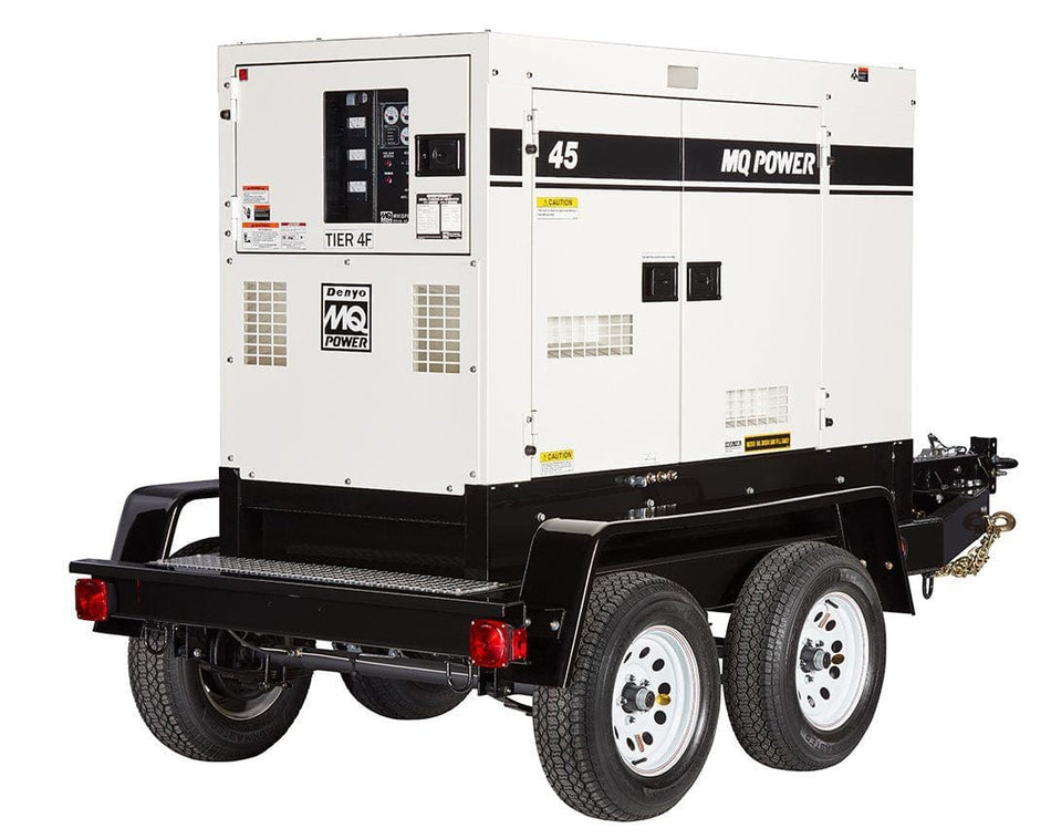 Multiquip DCA45SSIU4F mobile generator mounted on dual-axle trailer with MQ Power branding; features control panel, ventilation grilles, Tier 4 Final diesel compliance labels, and towing hitch with safety chain.