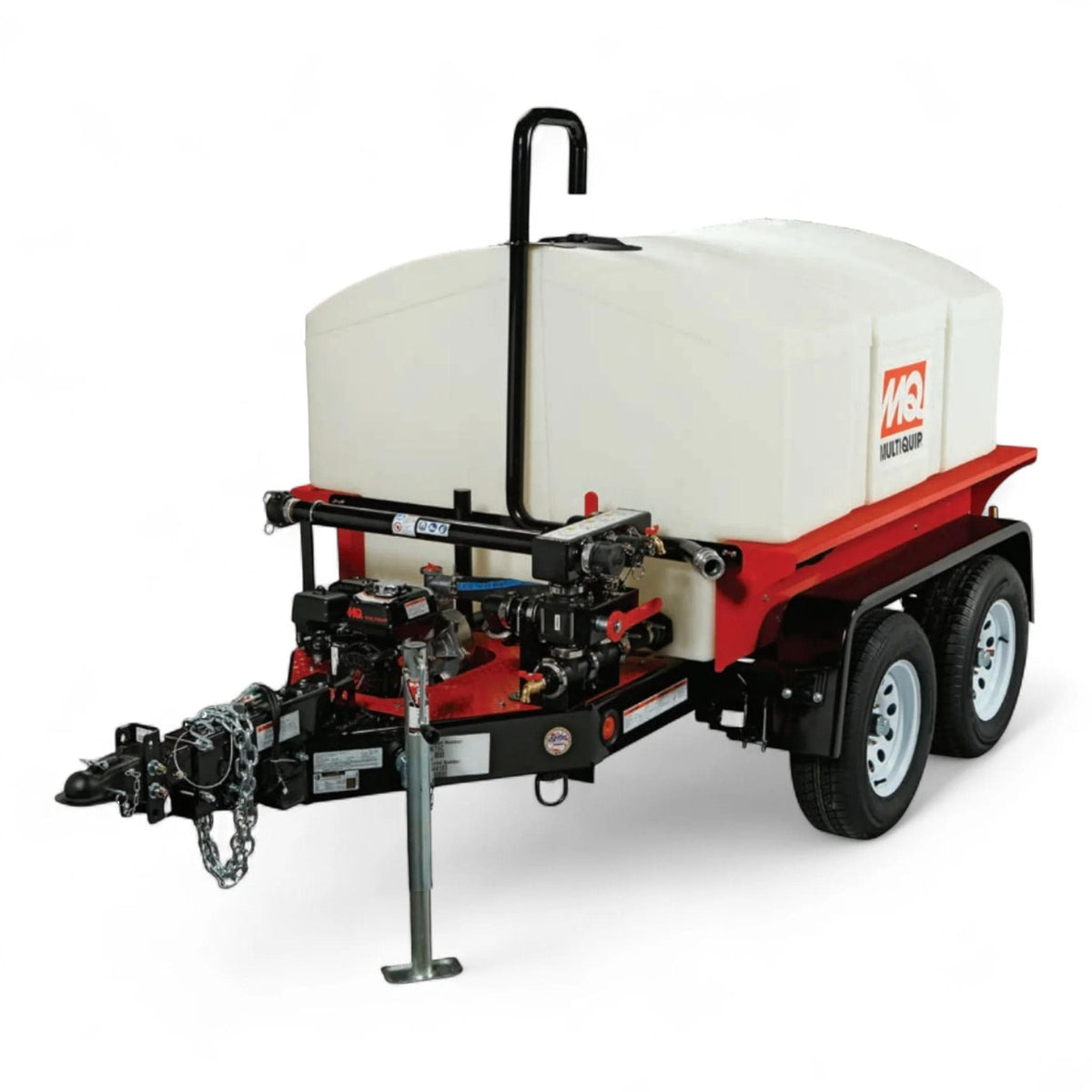 Multiquip WT5C mobile water trailer with white tank, dual axle frame, hitch, and control valves for water transport.