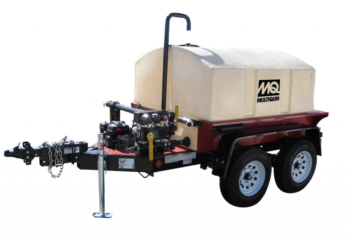 Multiquip WT5C water trailer with translucent tank, dual axle red frame, pump system, and front hitch assembly.