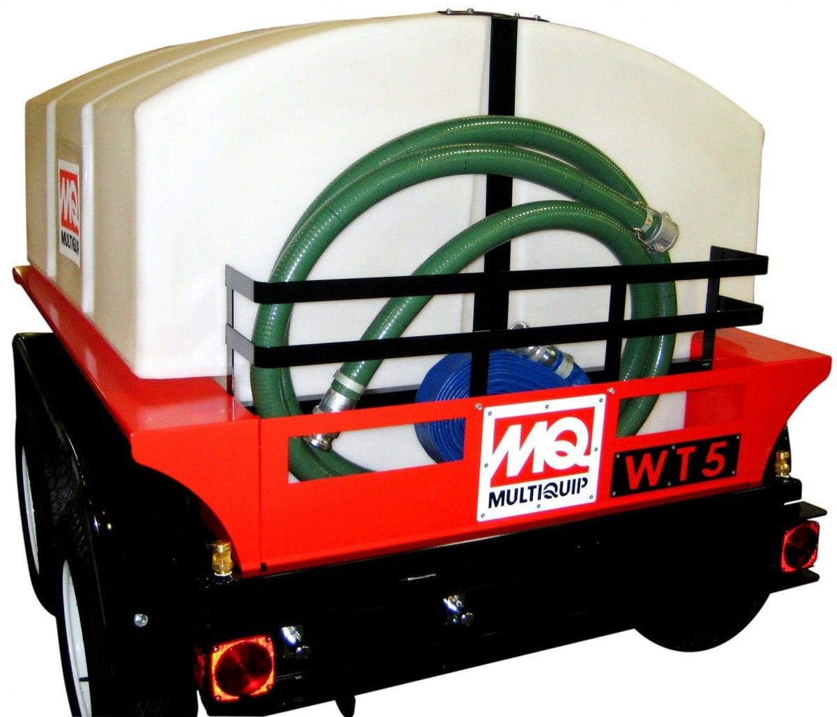Multiquip WT5 water trailer with white tank, red frame, coiled hoses, and dual wheels for mobile water distribution.