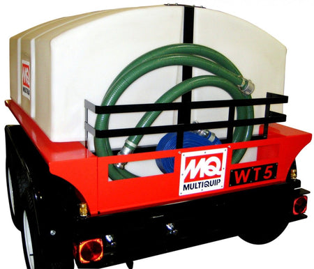 Multiquip WT5 water trailer with white tank, red frame, coiled hoses, and dual wheels for mobile water distribution.
