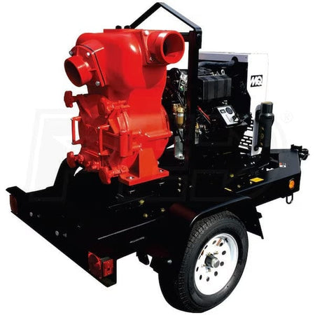 Mobile MQ62TKT industrial trash pump with red pump housing, black diesel engine, and single-axle trailer for dewatering.