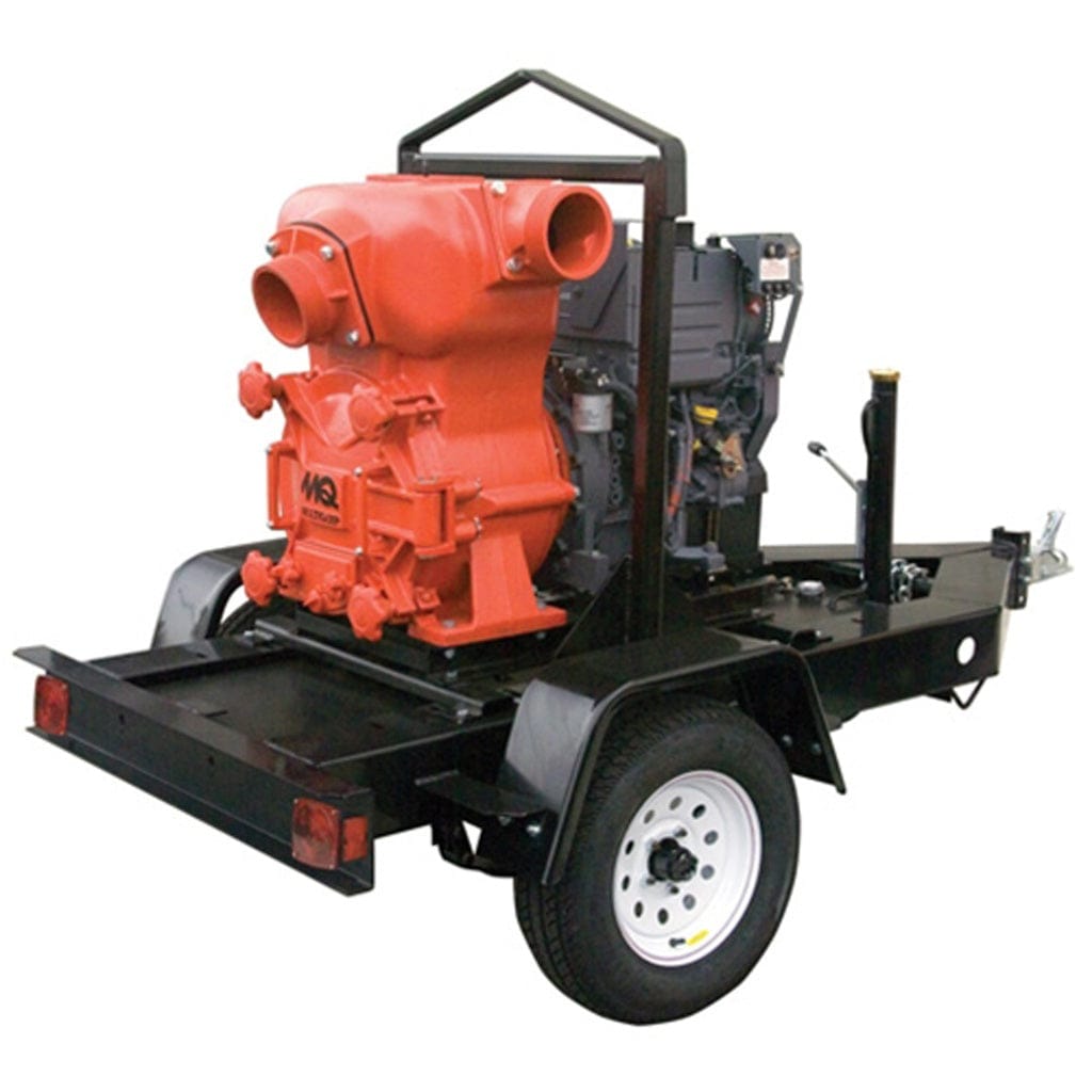 Trailer-mounted MQ62TKT diesel trash pump with orange housing, black frame, and visible engine for fluid transfer