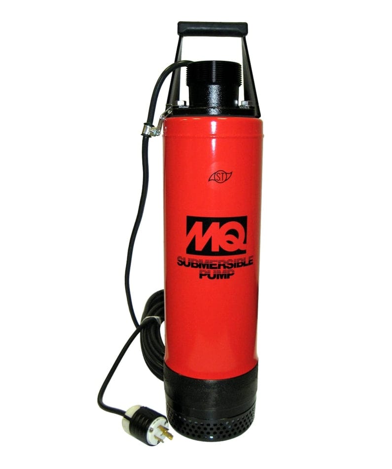 This is an image of an electric submersible pump. The pump has a tall, bright red cylindrical body with black sections at the top and bottom. A black carrying handle is attached to the top, and a black power cord with a three-pronged plug extends from the unit. The text "MQ SUBMERSIBLE PUMP" is printed vertically on the side.