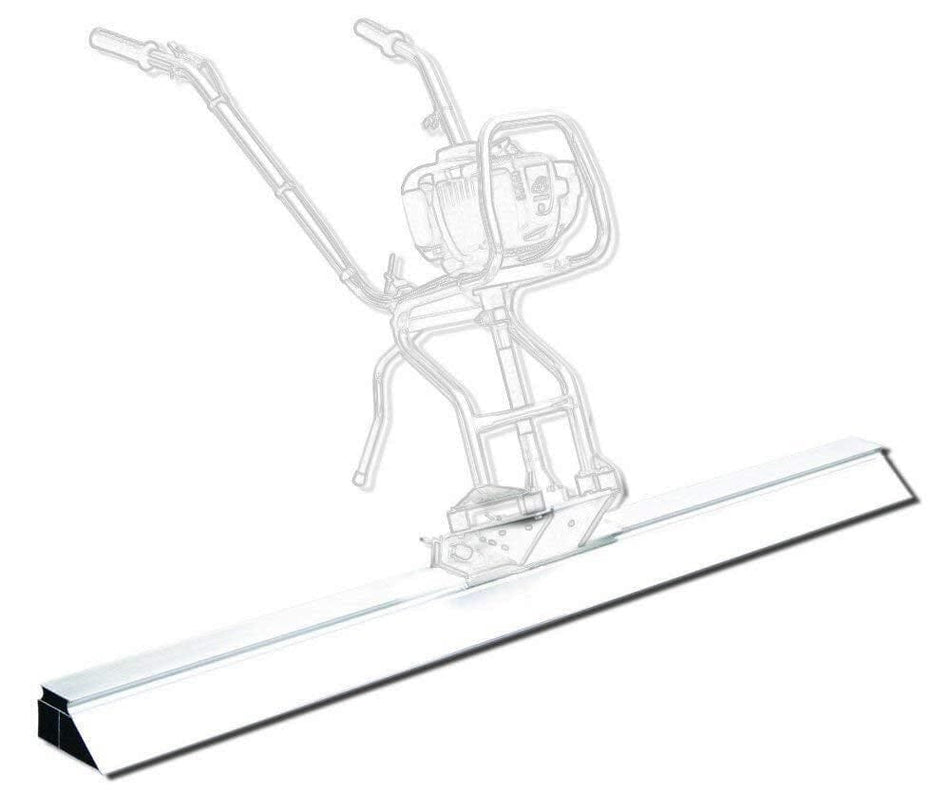A high-contrast product image of the Multiquip 12-foot aluminum DuoScreed blade, featuring a lightweight triangular design for vibratory concrete strike-off, shown attached to a faint wireframe outline of a power screed motor unit for context.
