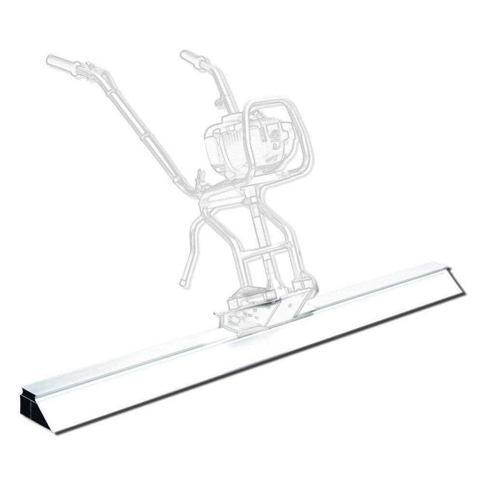 A high-contrast product image of the Multiquip 12-foot aluminum DuoScreed blade, featuring a lightweight triangular design for vibratory concrete strike-off, shown attached to a faint wireframe outline of a power screed motor unit for context.