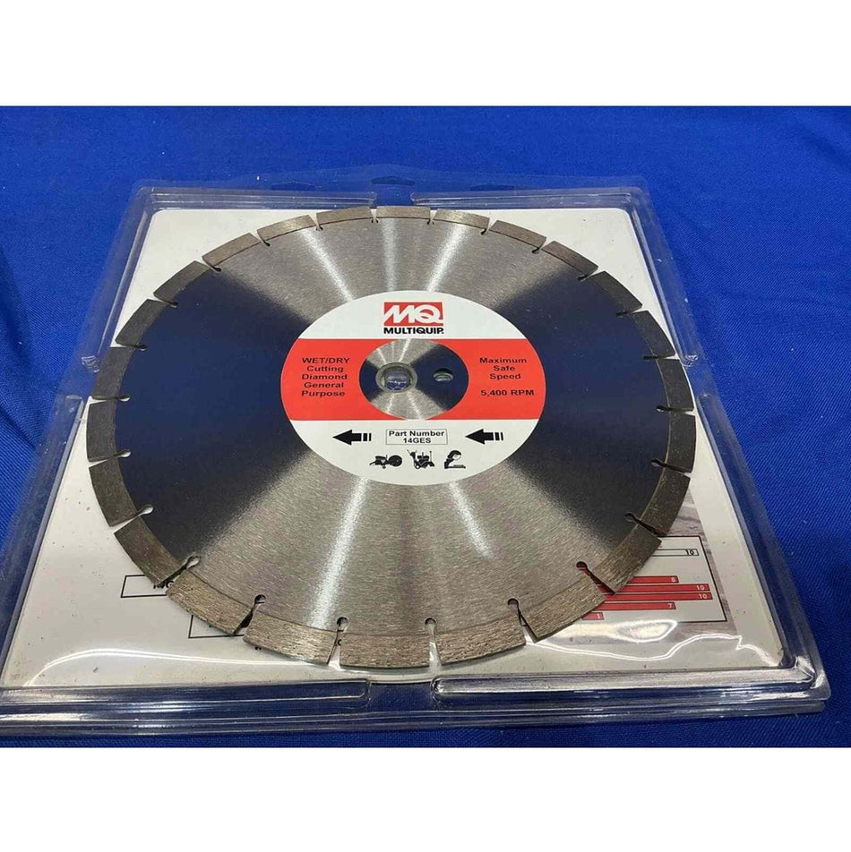 A studio product shot of the Multiquip 14GES 14-inch segmented diamond blade in its clear plastic retail packaging, featuring a red and white center label specifying general-purpose wet or dry cutting and a 5,400 maximum RPM.