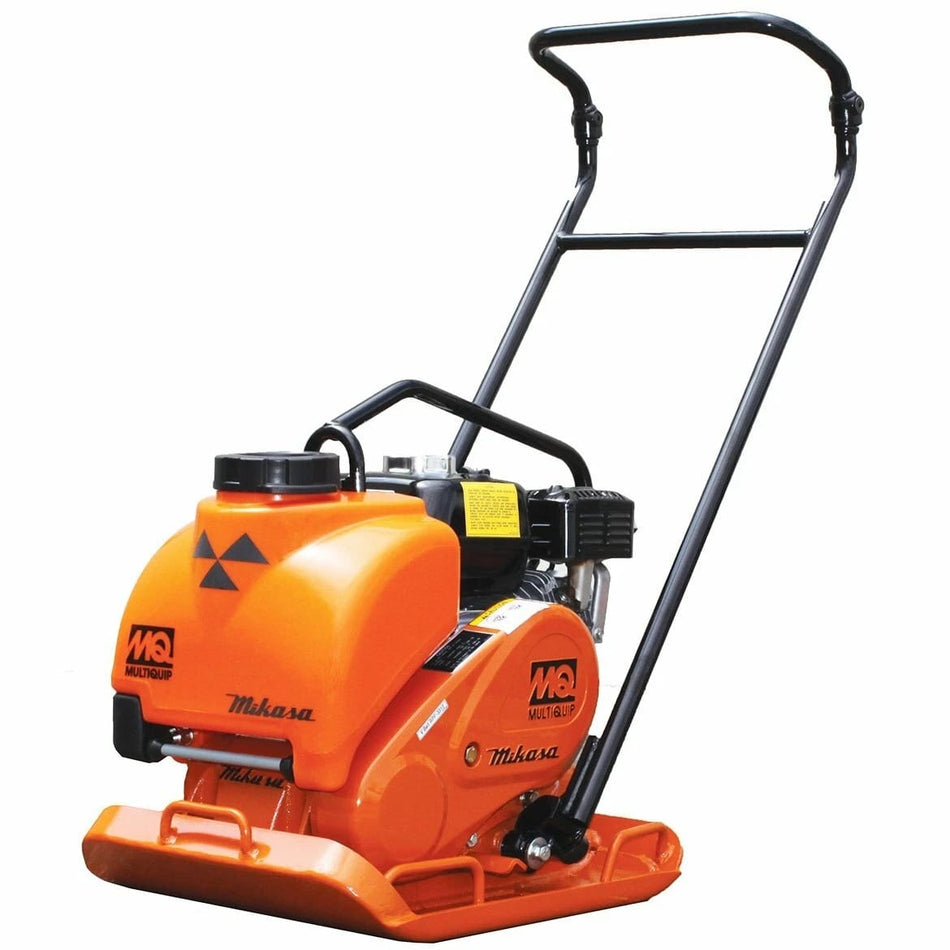 Multiquip Mikasa MVC82VHW forward plate compactor featuring an orange protective engine guard, high-capacity water tank, and a professional Honda GX160 engine for asphalt and soil compaction.