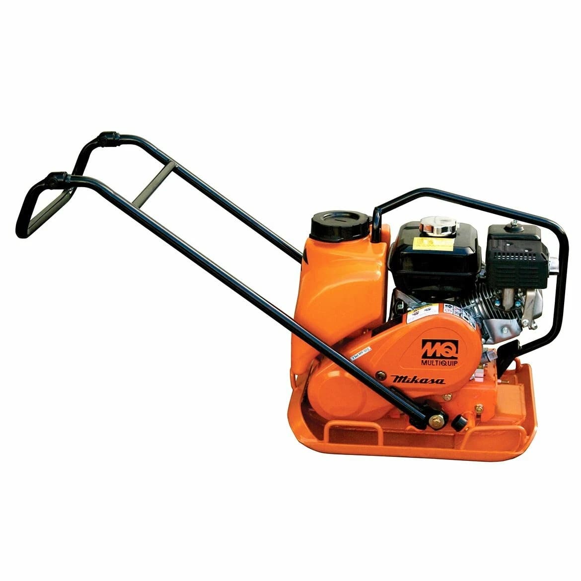 Left-side profile view of the Multiquip plate compactor highlighting the heavy-duty vibrating plate, the cyclonic air pre-cleaner assembly, and the ergonomic fold-over handle for easy transport and storage.