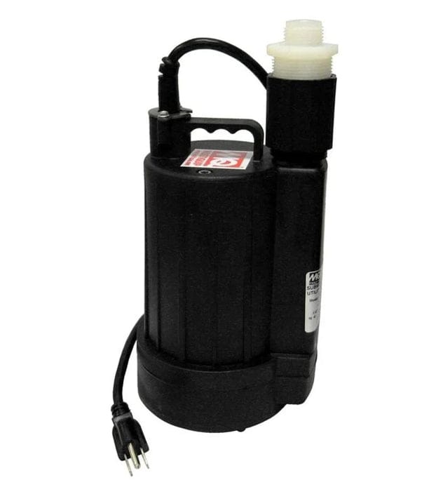  Black, cylindrical submersible utility pump with a handle on top and an electrical cord extending from the side. It has a white threaded outlet at the top for attaching a hose.