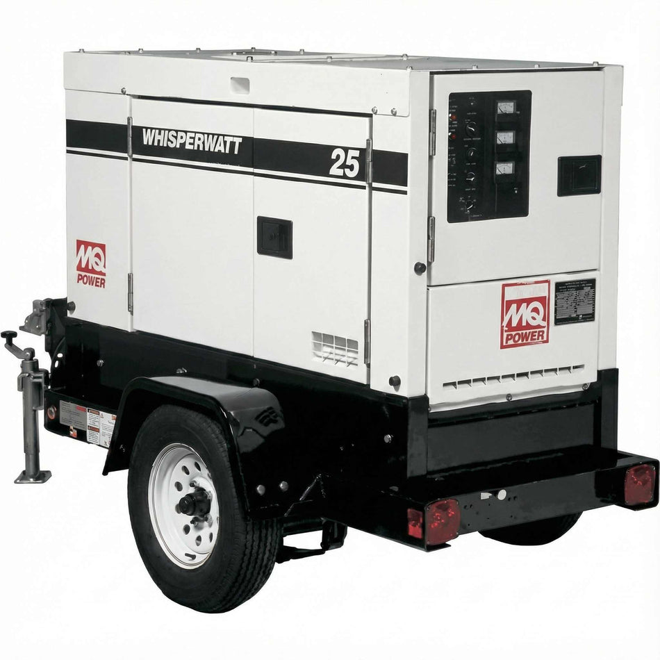  Towable generator, specifically a Multiquip WhisperWatt 25, which is encased in a white, sound-dampening enclosure with black accents and the "WhisperWatt 25" label on its side. It has a single axle with tires, a towing hitch, and rear lights, indicating its portability for providing power where needed.
