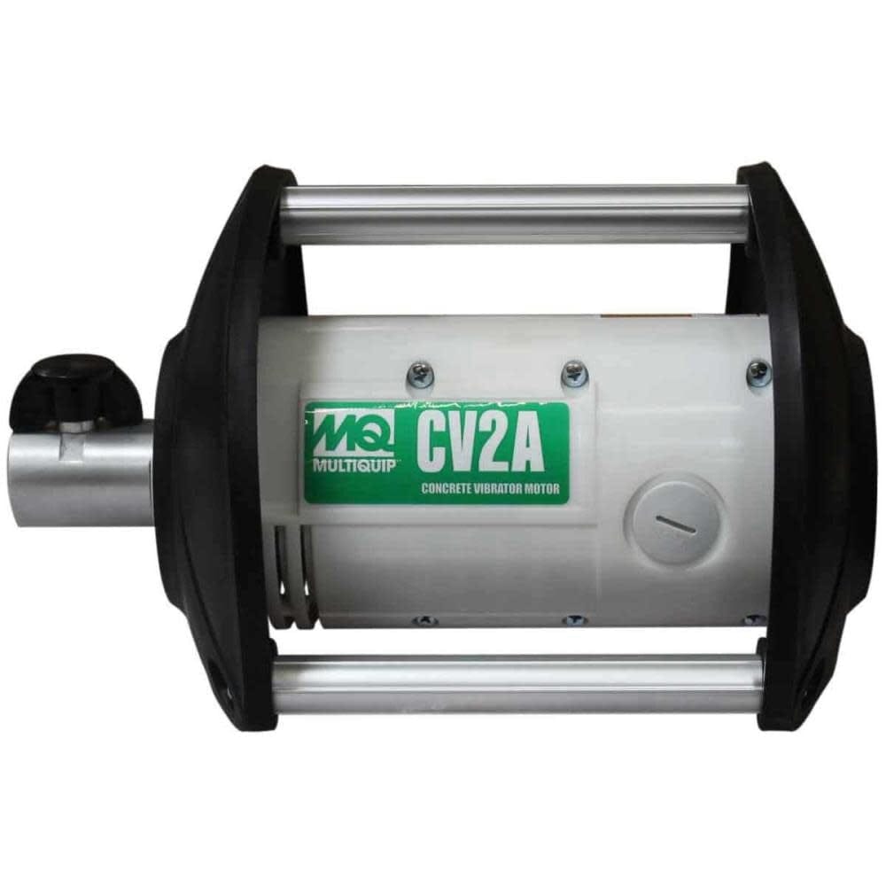 A smooth, cool cylinder, the main body of a concrete vibrator motor, encased on both ends by sturdy, curved protective bars that offer a good grip. From one end of this cylinder extends a thick, smooth rod with a turnable knob, which is the connection point for the vibrating shaft.