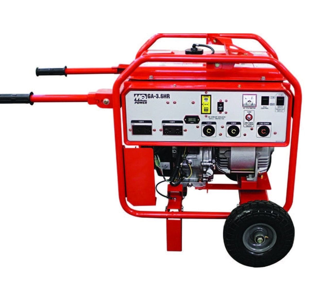 MQ Power GA-3.6HR red portable generator with control panel, single wheel, and labeled outlets for jobsite power supply.