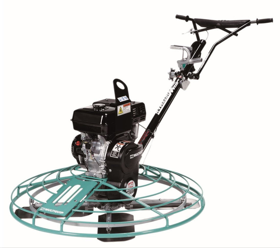Multiquip Concrete trowel with a large, flat, circular base surrounded by a protective cage, featuring a long handle extending upwards for control. At the base, there's a central motor unit with a black engine and a green frame, designed for smoothing concrete surfaces.