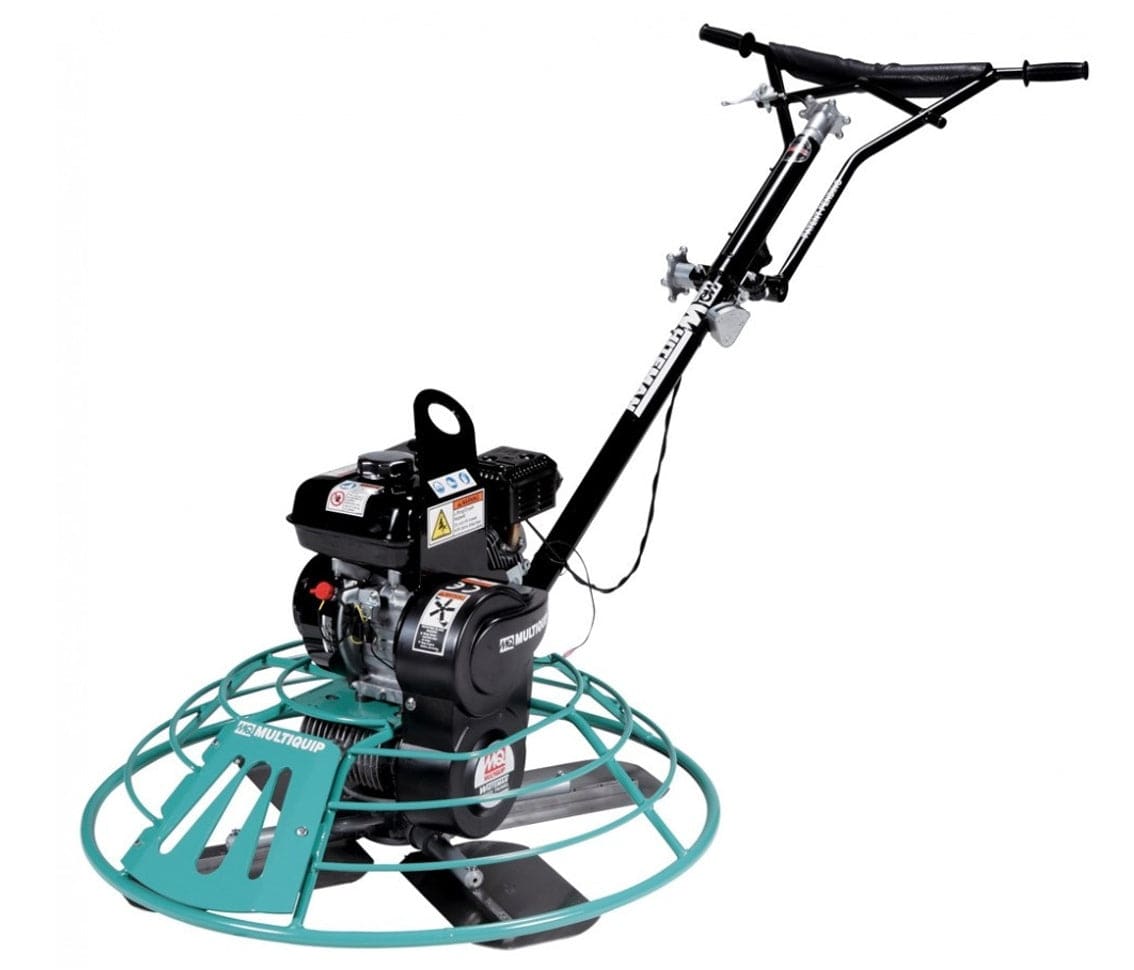 Walk-behind Multiquip power trowel with circular blade guard, Honda GX270 engine, and manual handlebar for concrete finishing