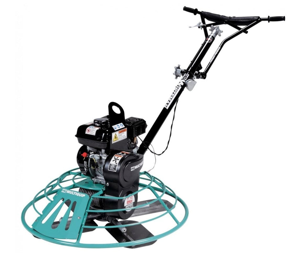 Walk-behind Multiquip power trowel with circular blade guard, Honda GX270 engine, and manual handlebar for concrete finishing