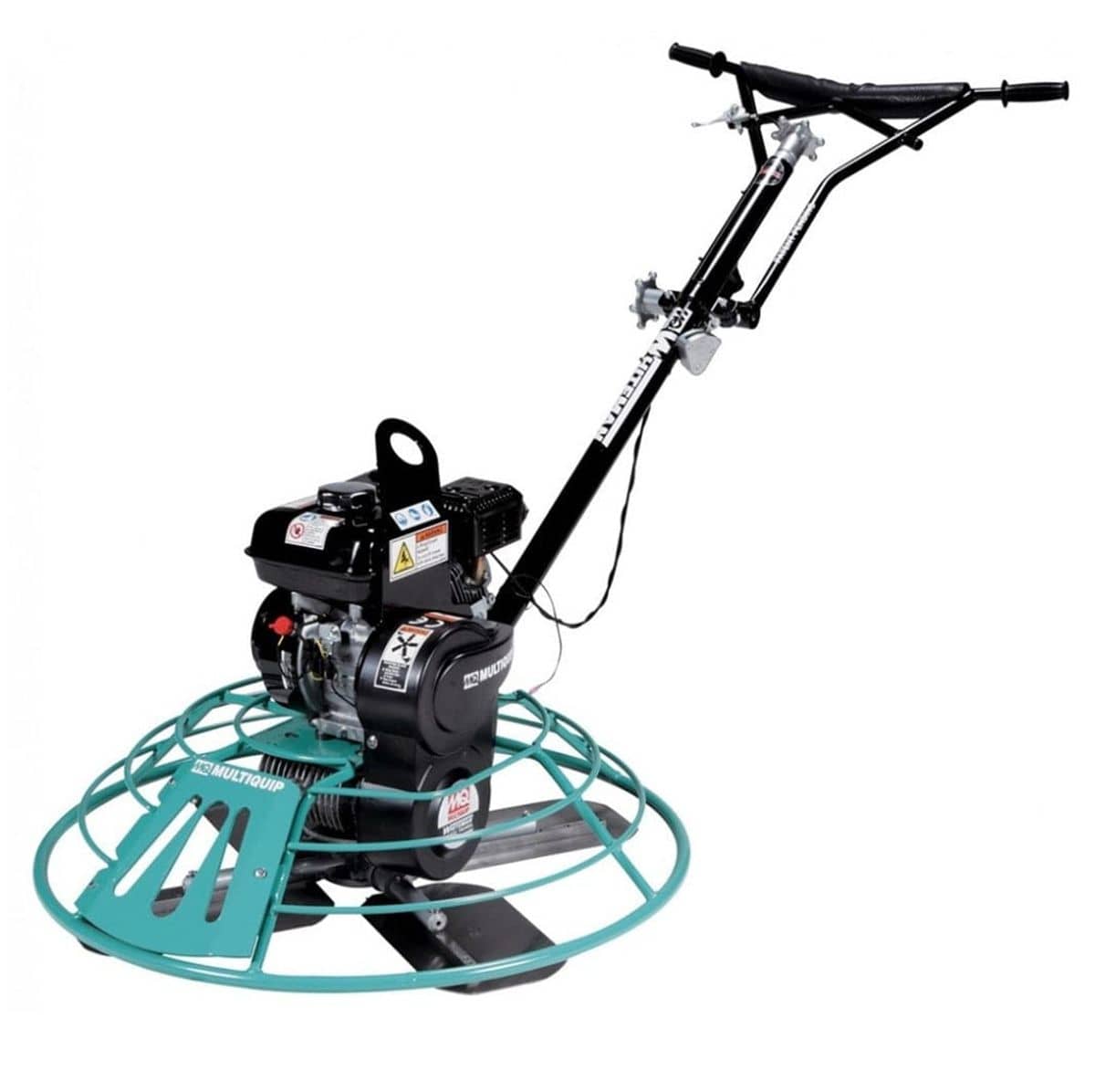 Walk-behind Multiquip power trowel with circular blade guard, Honda GX270 engine, and manual handlebar for concrete finishing