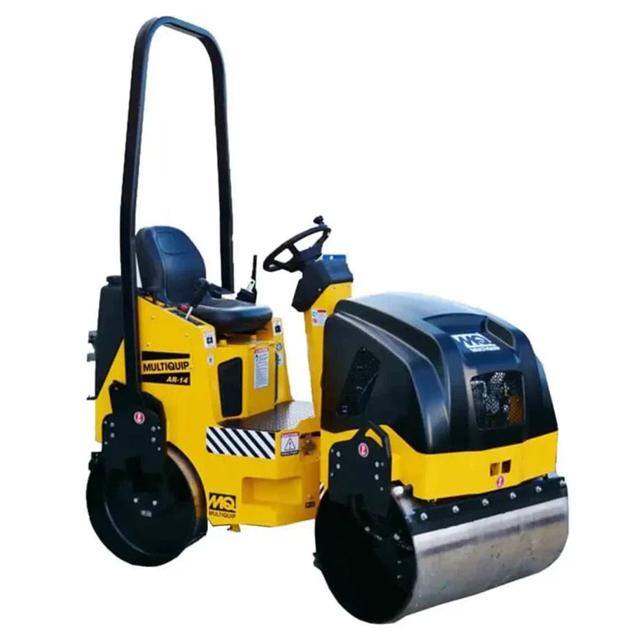  A substantial piece of machinery with a large, smooth, heavy cylinder at the front, like a giant rolling pin made of metal. Behind it, there's a section with a seat on top, like a small vehicle you could ride. There are also handles and controls near the seat. The whole machine feels robust and designed for pressing and flattening surfaces, like asphalt or soil. You might feel another smaller, textured roller at the back. It seems like a powerful tool used in construction.