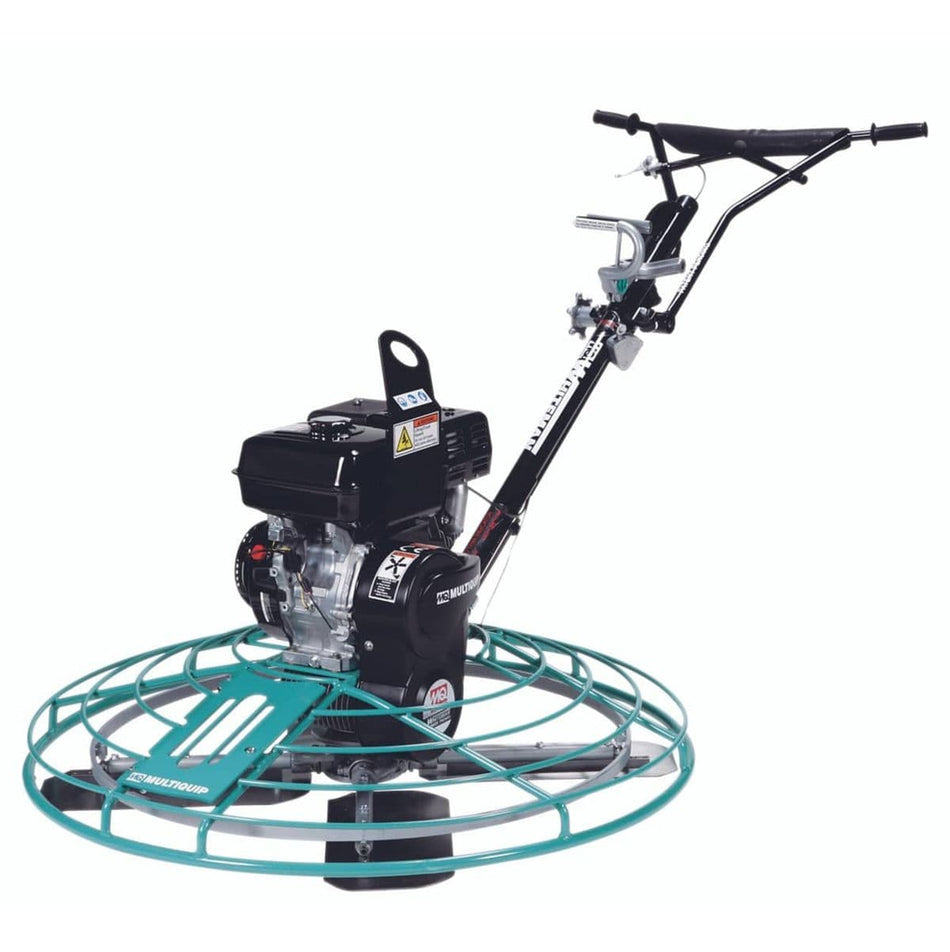 This image shows a walk-behind power trowel, a machine used to create a smooth, dense finish on concrete slabs. It consists of a small gasoline engine mounted above a set of rotating steel blades, which are enclosed within a circular, teal-colored safety cage. A long, angled handlebar with operator controls extends from the machine, allowing a person to stand and guide it across the concrete surface.