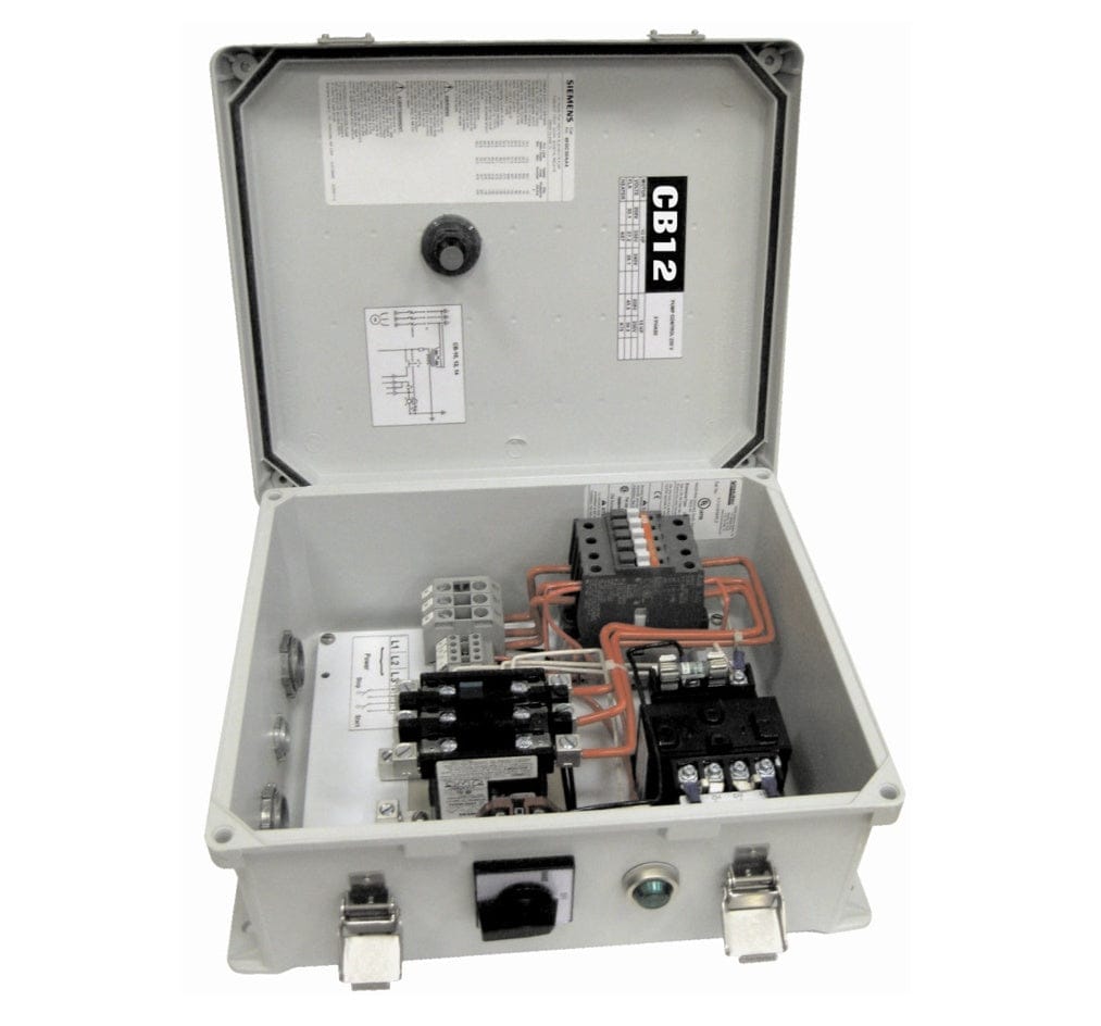 Open view of the Multiquip CB14A5663 control box for ST41460 and ST61460 submersible pumps, showing the internal magnetic starter, wiring, and electronic overload protection components housed within a durable, watertight NEMA 4X rated enclosure.