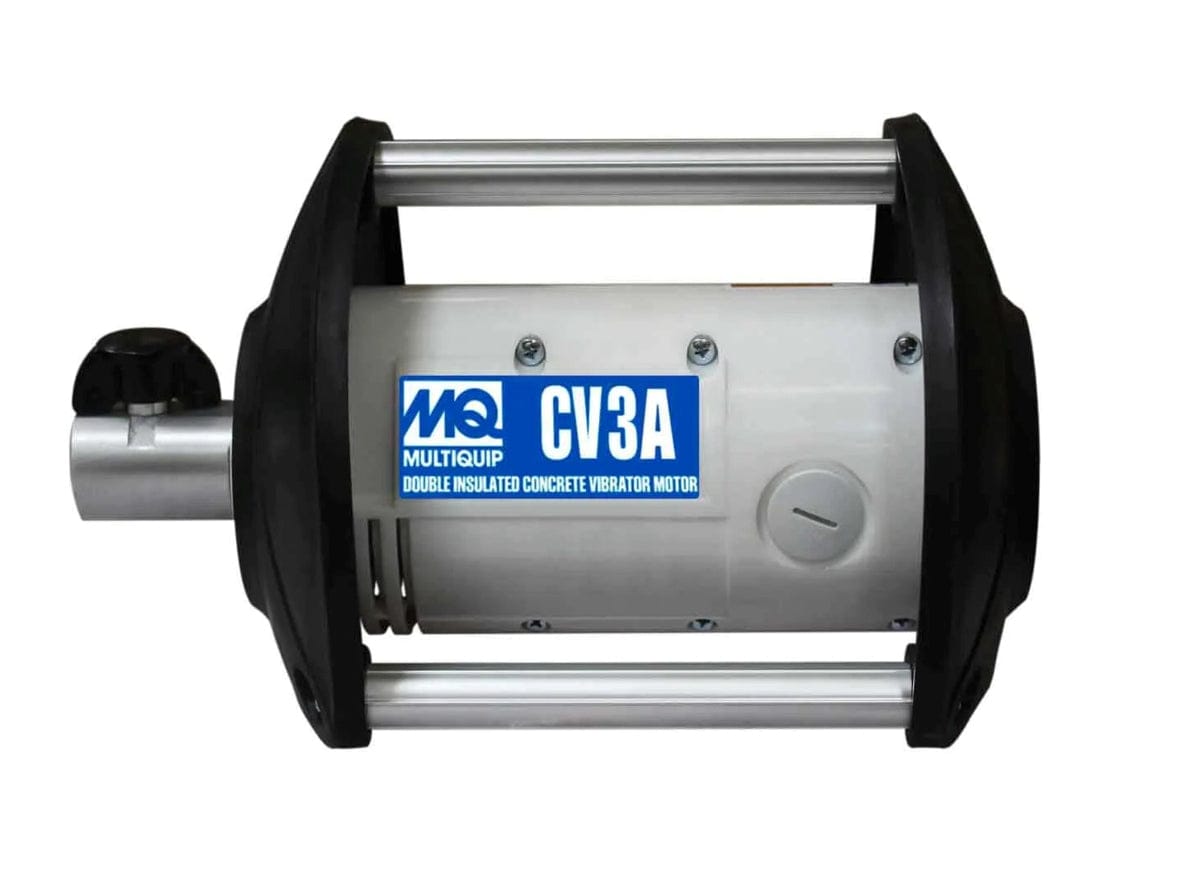  A cylindrical object, wider in the middle and narrowing towards both ends, encased in a protective black frame with handles on top. On the side, there's a label that says "MQ CV3A MULTIQUIP DOUBLE INSULATED CONCRETE VIBRATOR MOTOR".