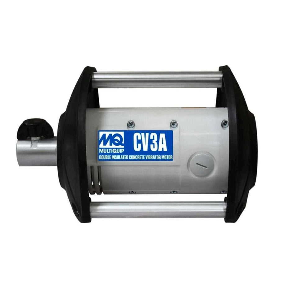  A cylindrical object, wider in the middle and narrowing towards both ends, encased in a protective black frame with handles on top. On the side, there's a label that says "MQ CV3A MULTIQUIP DOUBLE INSULATED CONCRETE VIBRATOR MOTOR".