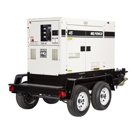 Multiquip DCA45SSIU4F mobile generator mounted on dual-axle trailer with MQ Power branding; features control panel, ventilation grilles, Tier 4 Final diesel compliance labels, and towing hitch with safety chain.